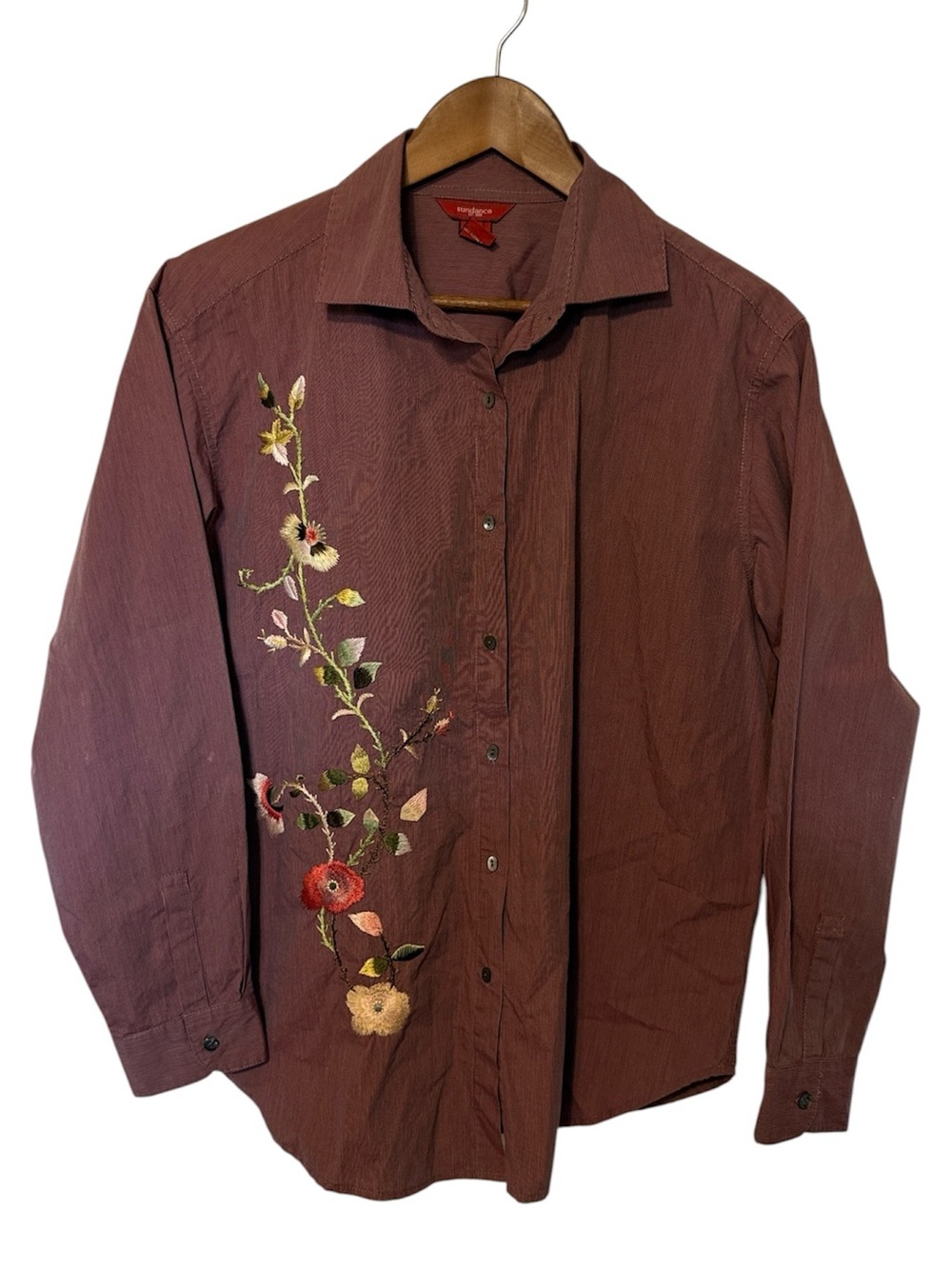 Sundance Button Up Long Sleeve Blouse Embroidered Flowers 100% Cotton 10 Berry